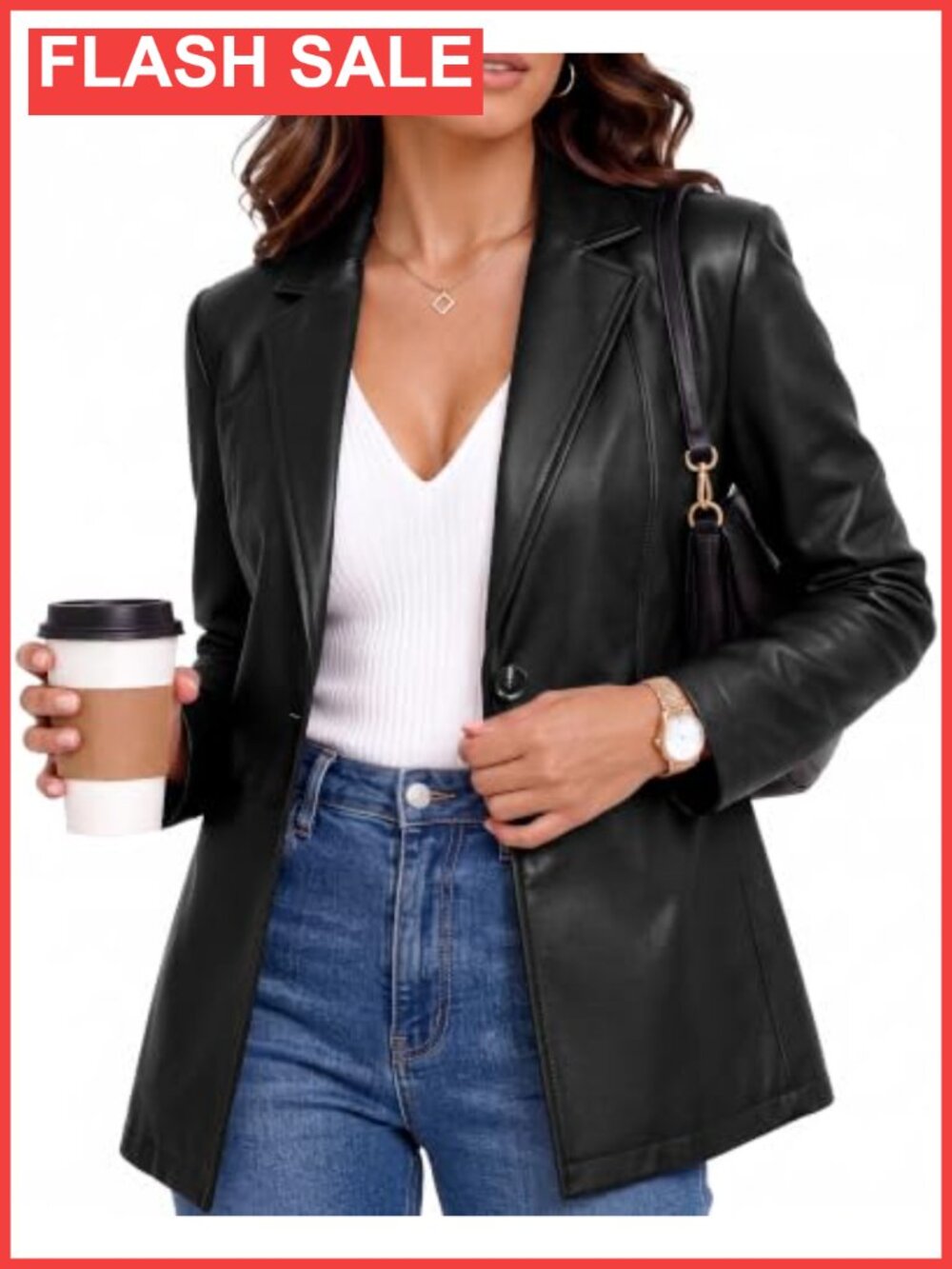 Faux Leather Blazer Jacket Lightly Fitted Long Sleeve Women's